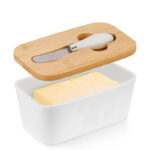 Ceramic Butter Food Containers with Bamboo Lid Sealed Butter and Cheese Holder with Butter Knife Butter Dish Food Storage Container Butter Keeper