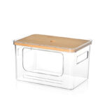 27 CM Clear Stackable Storage Box with Handles and Bamboo Wood Lid Front Opening Pantry Organizer Bin for Kitchen Laundry Bathroom Use Transparent