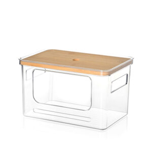 27 CM Clear Stackable Storage Box with Handles and Bamboo Wood Lid Front Opening Pantry Organizer Bin for Kitchen Laundry Bathroom Use Transparent