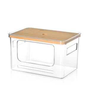 30 CM Clear Stackable Storage Box with Handles and Bamboo Wood Lid Front Opening Pantry Organizer Bin for Kitchen Laundry Bathroom Use Transparent