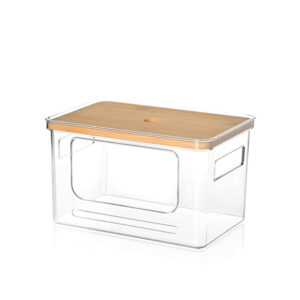 24 CM Clear Stackable Storage Box with Handles and Bamboo Wood Lid Front Opening Pantry Organizer Bin for Kitchen Laundry Bathroom Use Transparent