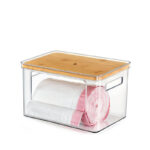 24 CM Clear Stackable Storage Box with Handles and Bamboo Wood Lid Front Opening Pantry Organizer Bin for Kitchen Laundry Bathroom Use Transparent - Image 2