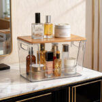27 CM Clear Stackable Storage Box with Handles and Bamboo Wood Lid Front Opening Pantry Organizer Bin for Kitchen Laundry Bathroom Use Transparent - Image 2