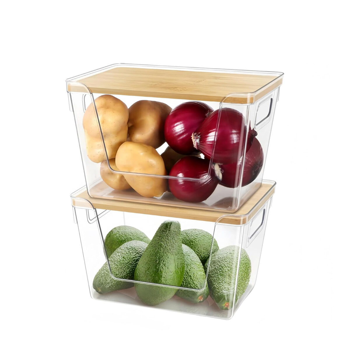 26 CM Set of 2 Clear Stackable Storage Box with Handles and Bamboo Wood Lid Front Opening Pantry Organizer Bin for Kitchen Laundry Bathroom Use Transparent - Image 1