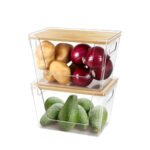 26 CM Set of 2 Clear Stackable Storage Box with Handles and Bamboo Wood Lid Front Opening Pantry Organizer Bin for Kitchen Laundry Bathroom Use Transparent