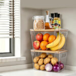 26 CM Set of 2 Clear Stackable Storage Box with Handles and Bamboo Wood Lid Front Opening Pantry Organizer Bin for Kitchen Laundry Bathroom Use Transparent - Image 2