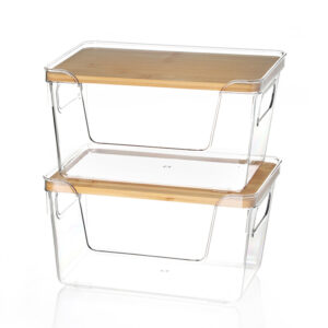 29 CM Set of 2 Clear Stackable Storage Box with Handles and Bamboo Wood Lid Front Opening Pantry Organizer Bin for Kitchen Laundry Bathroom Use Transparent