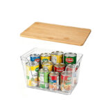 26 CM Set of 2 Clear Stackable Storage Box with Handles and Bamboo Wood Lid Front Opening Pantry Organizer Bin for Kitchen Laundry Bathroom Use Transparent - Image 4