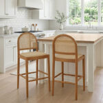 98 CM Curved Rattan Counter Stool with Arched Back designed with a cane backing and a natural woven seat and Solid Wood Legs Oak Finish 1 Piece Beige - Image 2