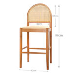 98 CM Curved Rattan Counter Stool with Arched Back designed with a cane backing and a natural woven seat and Solid Wood Legs Oak Finish 1 Piece Beige - Image 3