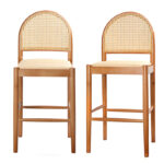 98 CM Curved Rattan Counter Stool with Arched Back designed with a cane backing and a natural woven seat and Solid Wood Legs Oak Finish 1 Piece Beige