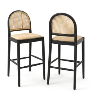 98 CM Curved Rattan Counter Stool with Arched Back designed with a cane backing and a natural woven seat and Solid Wood Legs Oak Finish 1 Piece Black