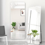 179 CM Full Length Mirror with Stand Rectangular Mirrors with Aluminum Frame Rounded Corner Standing Floor Mirror Hanging or Leaning Against Wall White