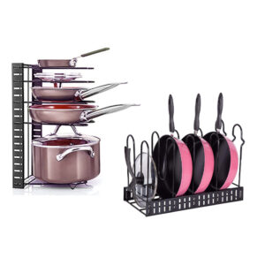 5 Tier Iron Pot and Pan Organizer Rack With 2 DIY Methods Adjustable Organizer for Pots Pans and Lids Storage Racks for kitchen Cabinet Counter Black
