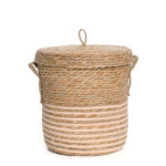 32 CM Multipurpose Handmade Woven Straw Storage Basket with Handles and Lid Organizer Baskets for Living Room Bedroom Nursery and Laundry 1 Piece Beige