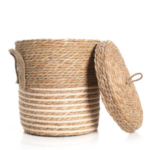 38 CM Multipurpose Handmade Woven Straw Storage Basket with Handles and Lid Organizer Baskets for Living Room Bedroom Nursery and Laundry Beige