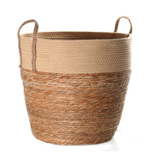 41 CM Multipurpose Handmade Woven Straw and Cotton Storage Basket with Handles Organizer Baskets for Living Room Bedroom Nursery and Laundry 1 Piece