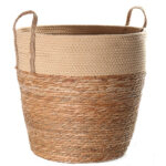 44 CM Multipurpose Handmade Woven Straw and Cotton Storage Basket with Handles Organizer Baskets for Living Room Bedroom Nursery and Laundry 1 Piece
