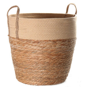 44 CM Multipurpose Handmade Woven Straw and Cotton Storage Basket with Handles Organizer Baskets for Living Room Bedroom Nursery and Laundry 1 Piece