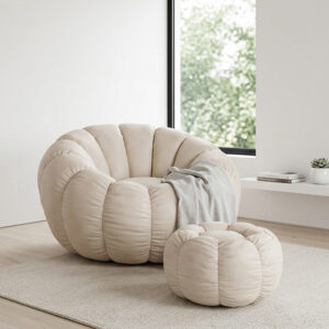 Pumpkin Lazy Couch Soft Plush Upholstered 360°Swivel Sofa Leisure Armchair Backrest With Footrest Lightweight Single Seater Living Bedroom Home Furniture Beige