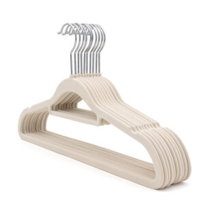 41 CM Set of 5 Non Slip Velvet Coated Thin Plastic Hanger with 360° Swivel Stainless Steel Hooks Space Saving Clothes Hangers for Shirts and jackets Beige