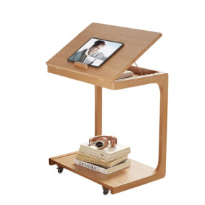 60 CM Wooden C-Shaped Adjustable Side Table with with 2 Lockable Wheels End Table for Couch Living Room and Bedroom Beige