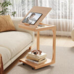 40 CM Wooden C-Shaped Adjustable Side Table with with 2 Lockable Wheels End Table for Couch Living Room and Bedroom Beige