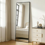 172 CM Full Length Mirror with Stand Rectangular Mirrors with Aluminum Frame Standing Floor Mirror Hanging or Leaning Against Wall Black