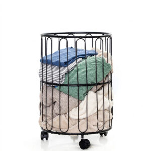 35 CM Metal Laundry Basket With Wheels 360° Round Clothes Hamper For Bathroom Bedroom Living Room and Hotel Rooms Black