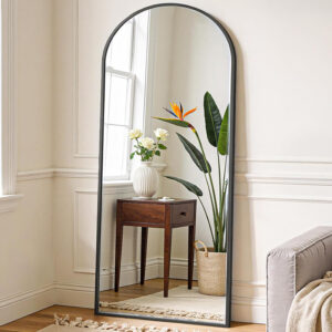 220 CM Modern Arched Wall Mounted Mirror with Metal Frame Curved Arch Large Mirrors Hanging Mirror for Home Hotel Gallery and Entryway Black