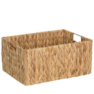 39 CM X 28 CM Natural Decorative Woven Water Hyacinth Wicker Rectangular Storage Bin Basket with Handles for The Playroom Bedroom Kitchen and Living Room Beige